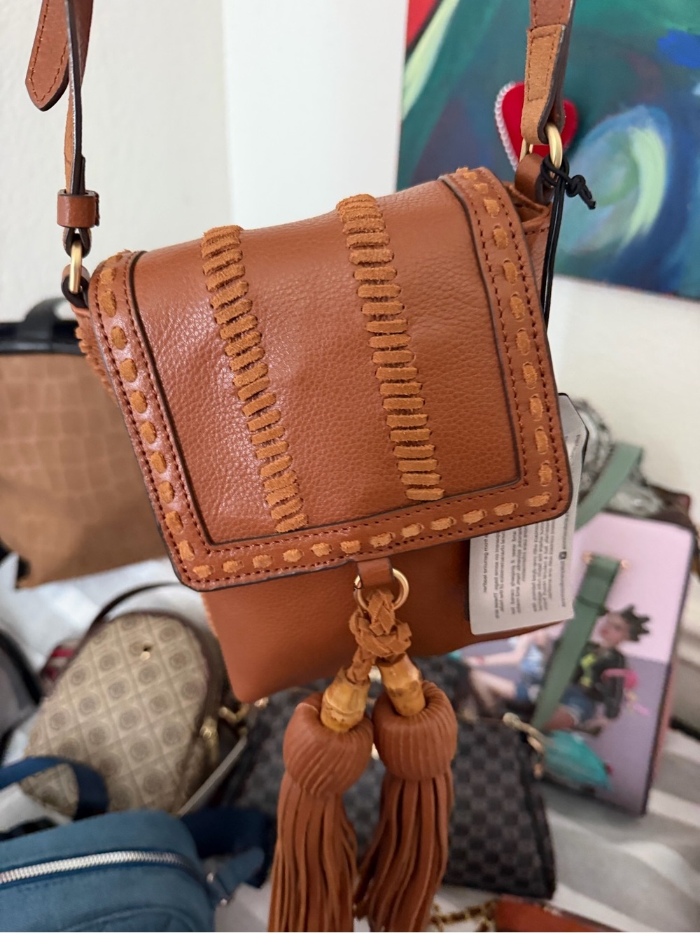 Foley + Corinna Cognac Whipstitch Tassel Leather Crossbody
